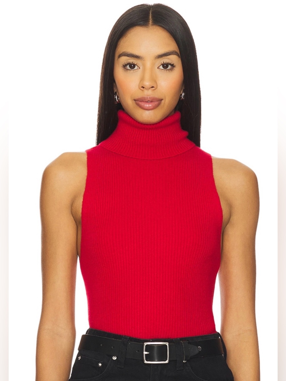 Enza Costa Red Ribbed Turtleneck Tank